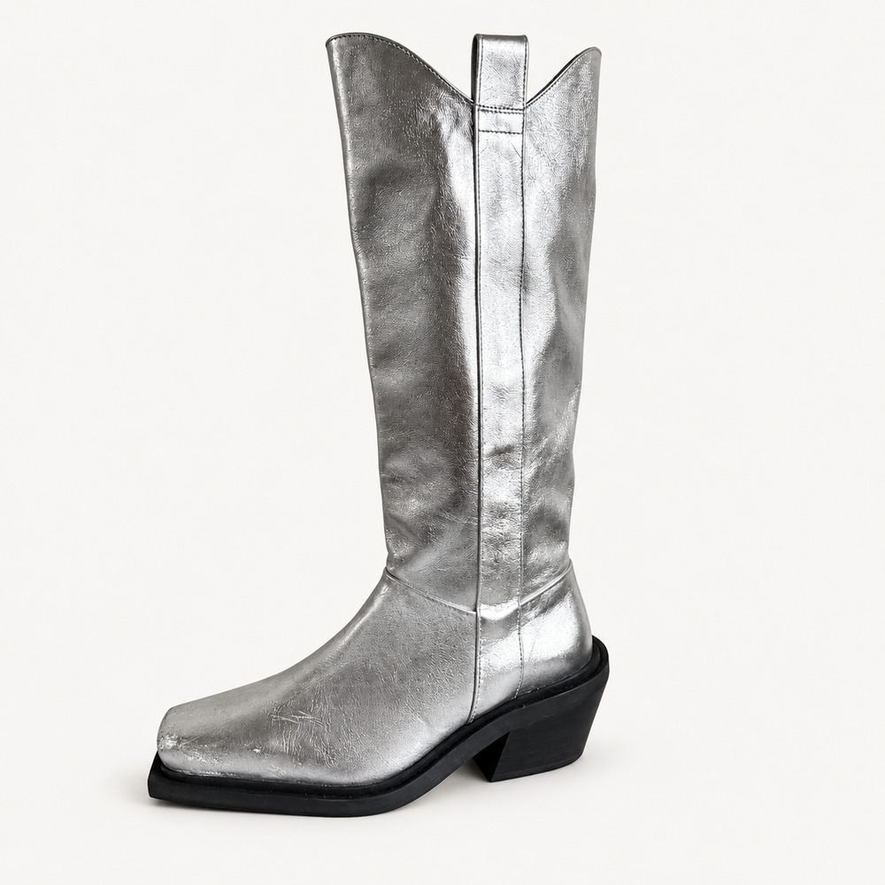 Topshop Rose Silver Metallic Leather Western Knee High Boots Square Toe 38 US 8